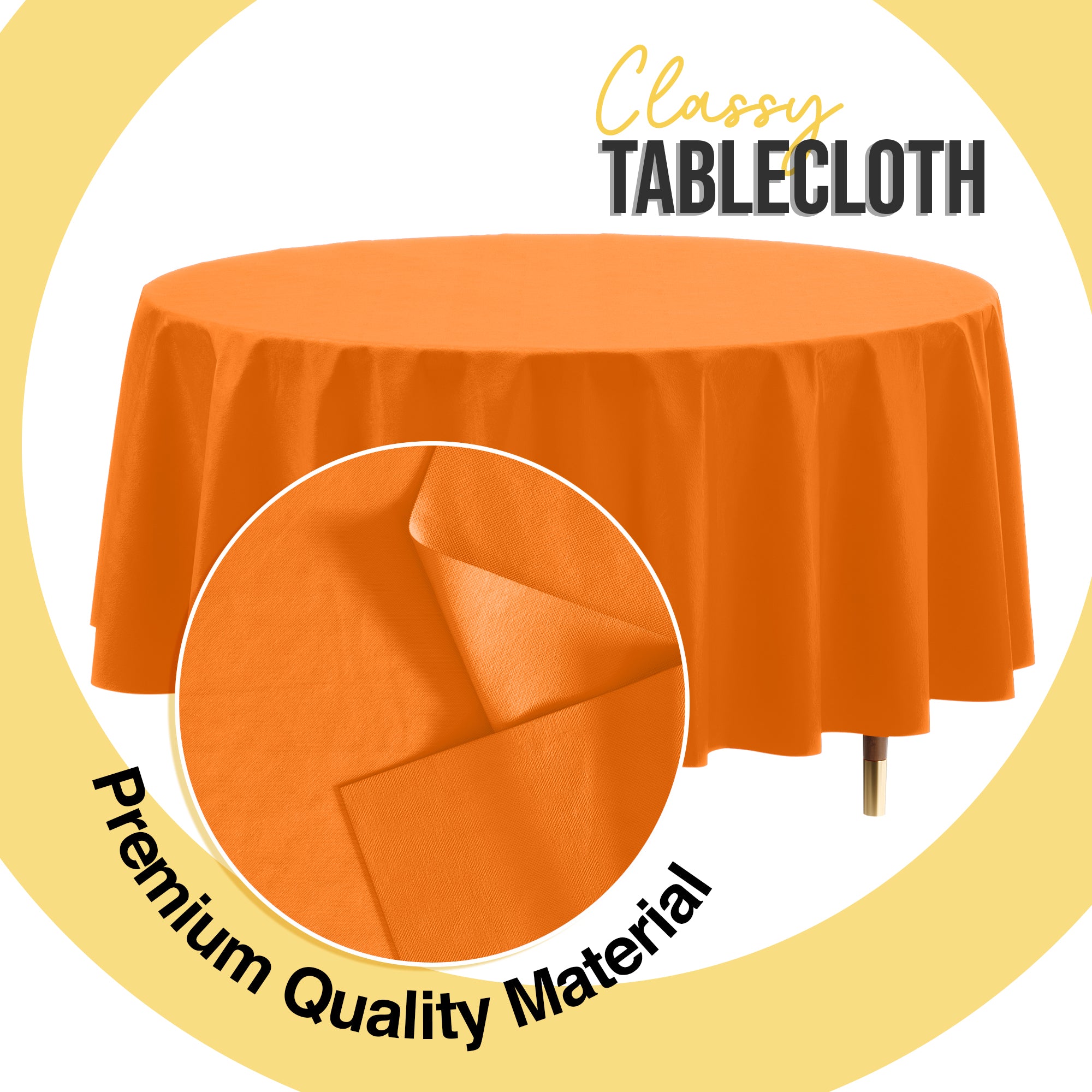 Premium Round Orange Plastic Table Covers | 6 Pack | 84 in.