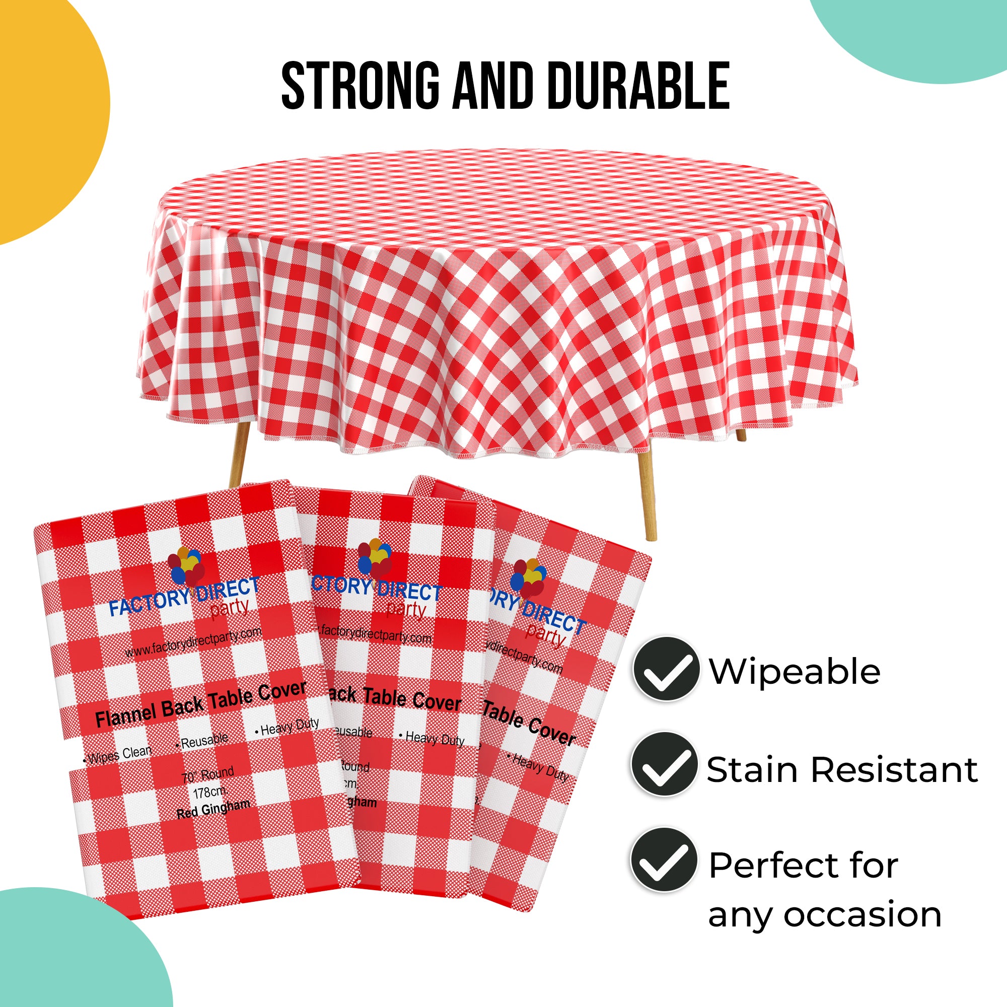 Red Gingham Flannel Backed Plastic Table Cover 70 in. Round | Case of 24