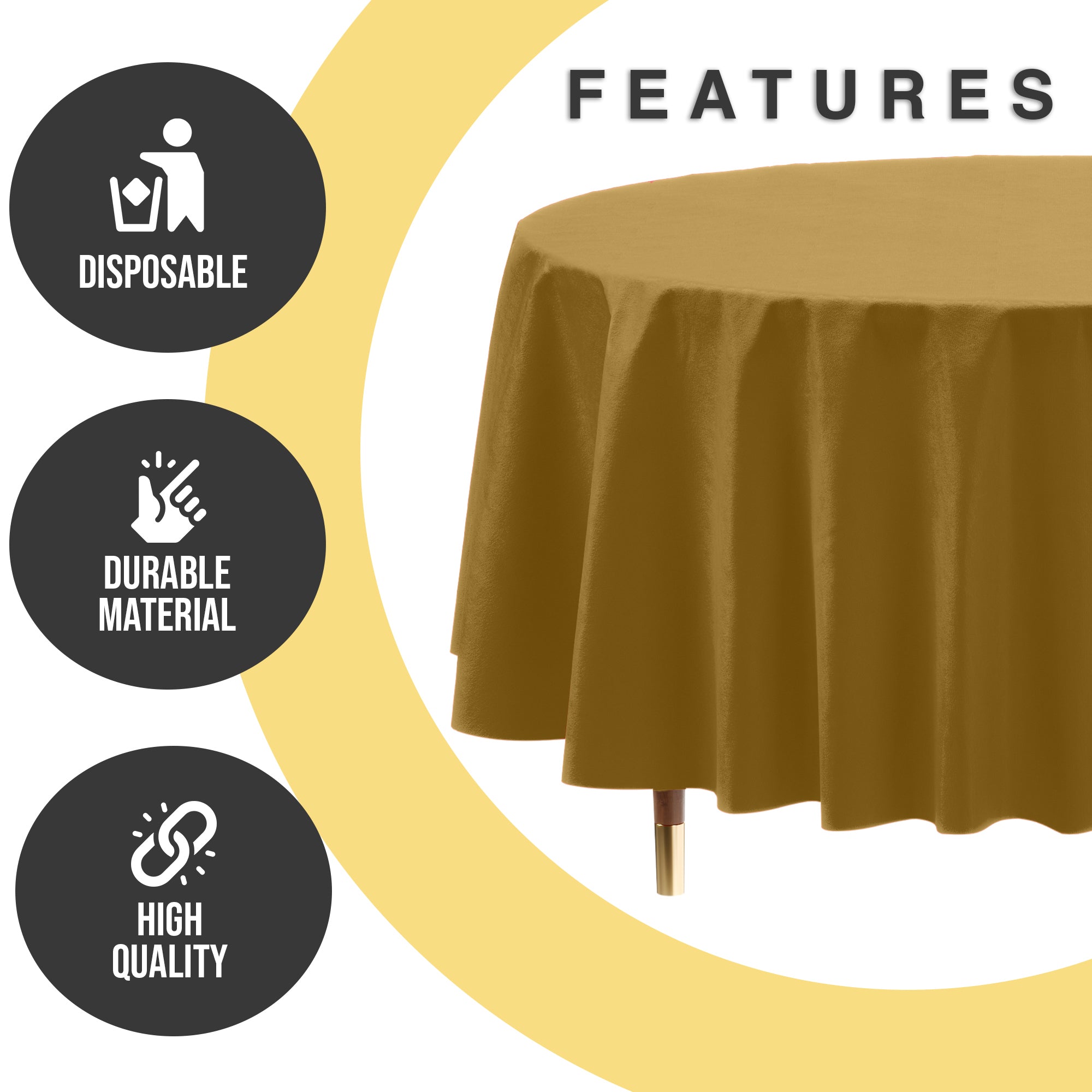 Premium Round Gold Plastic Table Cover | 84 in. | Case of 96