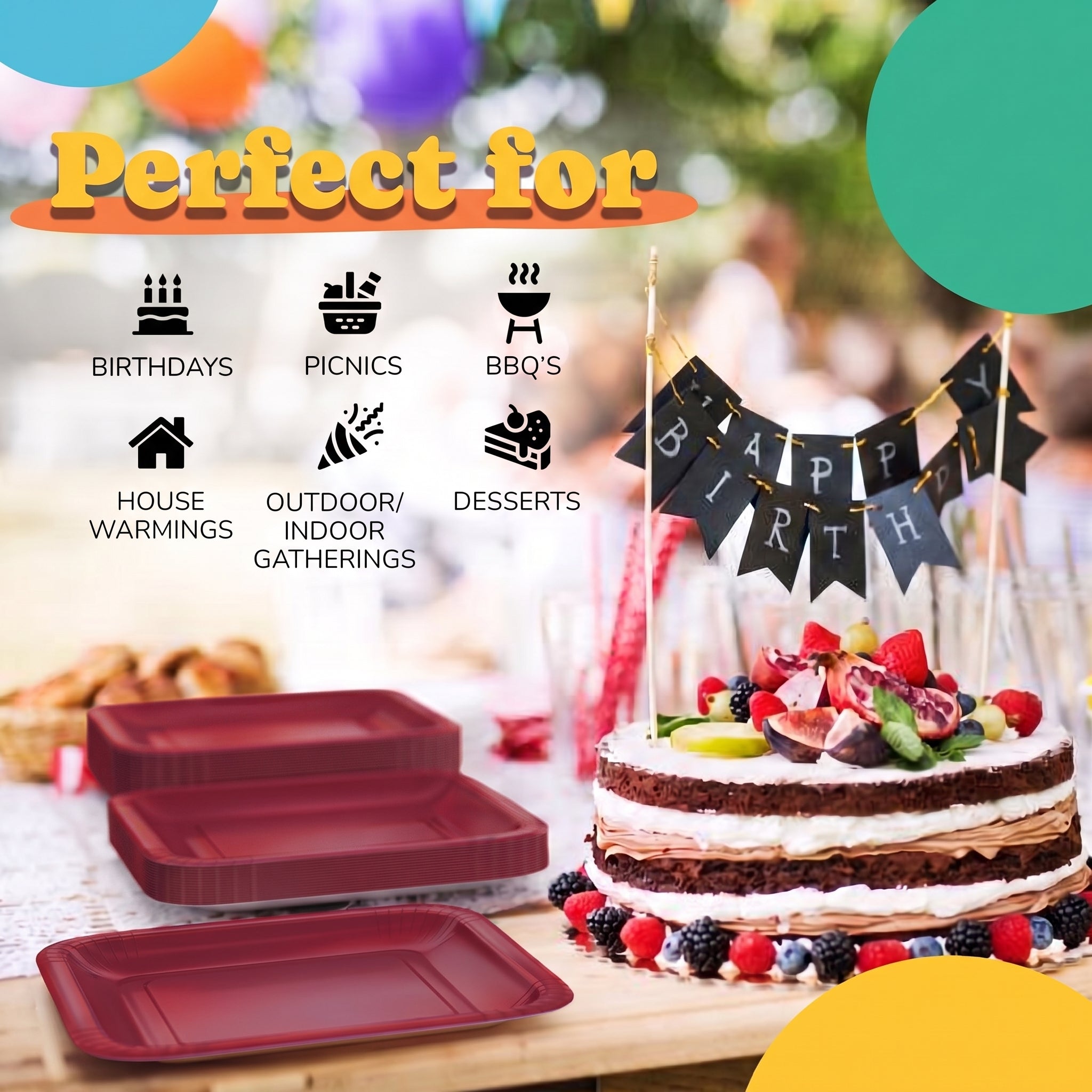 7 In. Burgundy Square Paper Plates - 50 Ct.