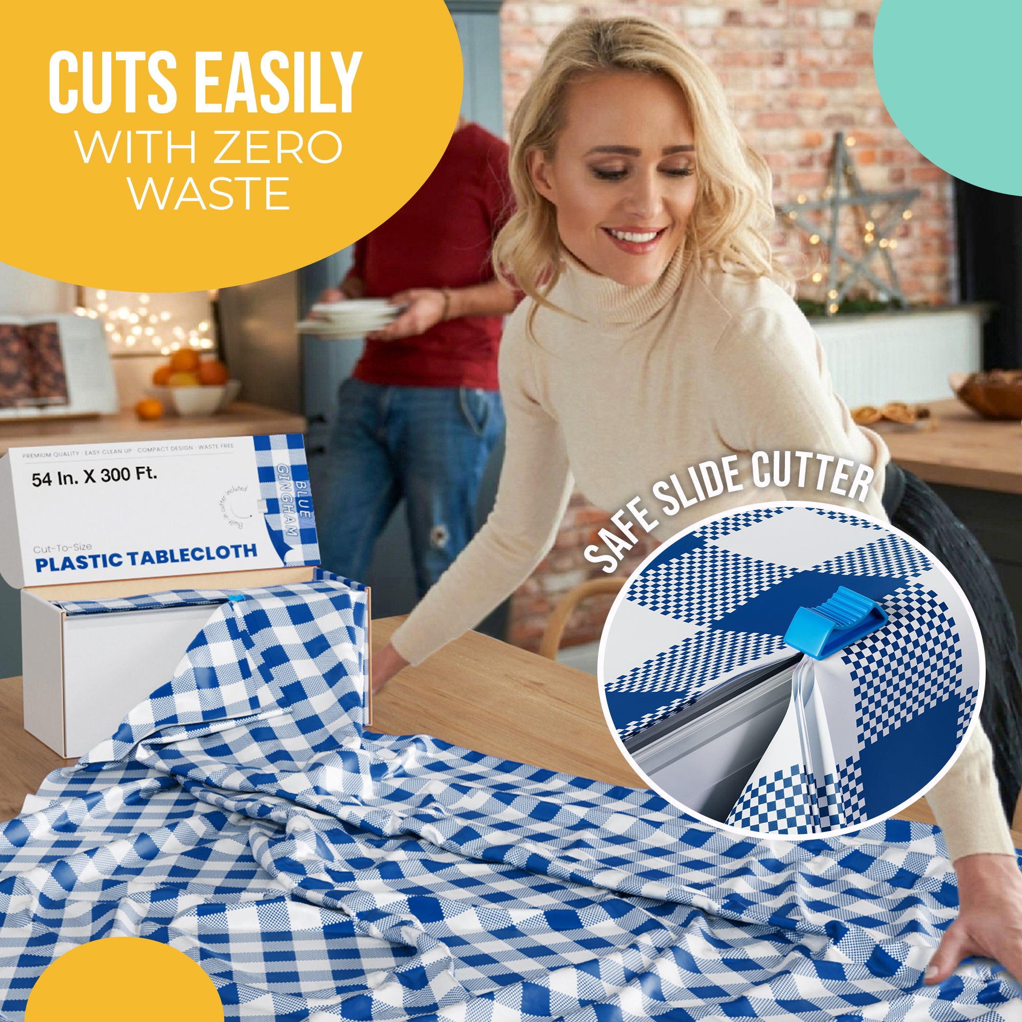 54 in. x 300 Ft. Cut to Size Plastic Table Cover | Blue Gingham