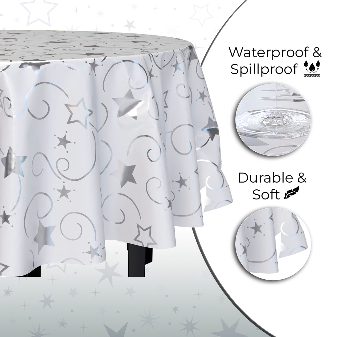 84 in. Round Silver Star Printed Plastic Table Cover | Case of 48