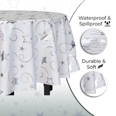 84 in. Round Silver Star Printed Plastic Table Cover | Case of 48