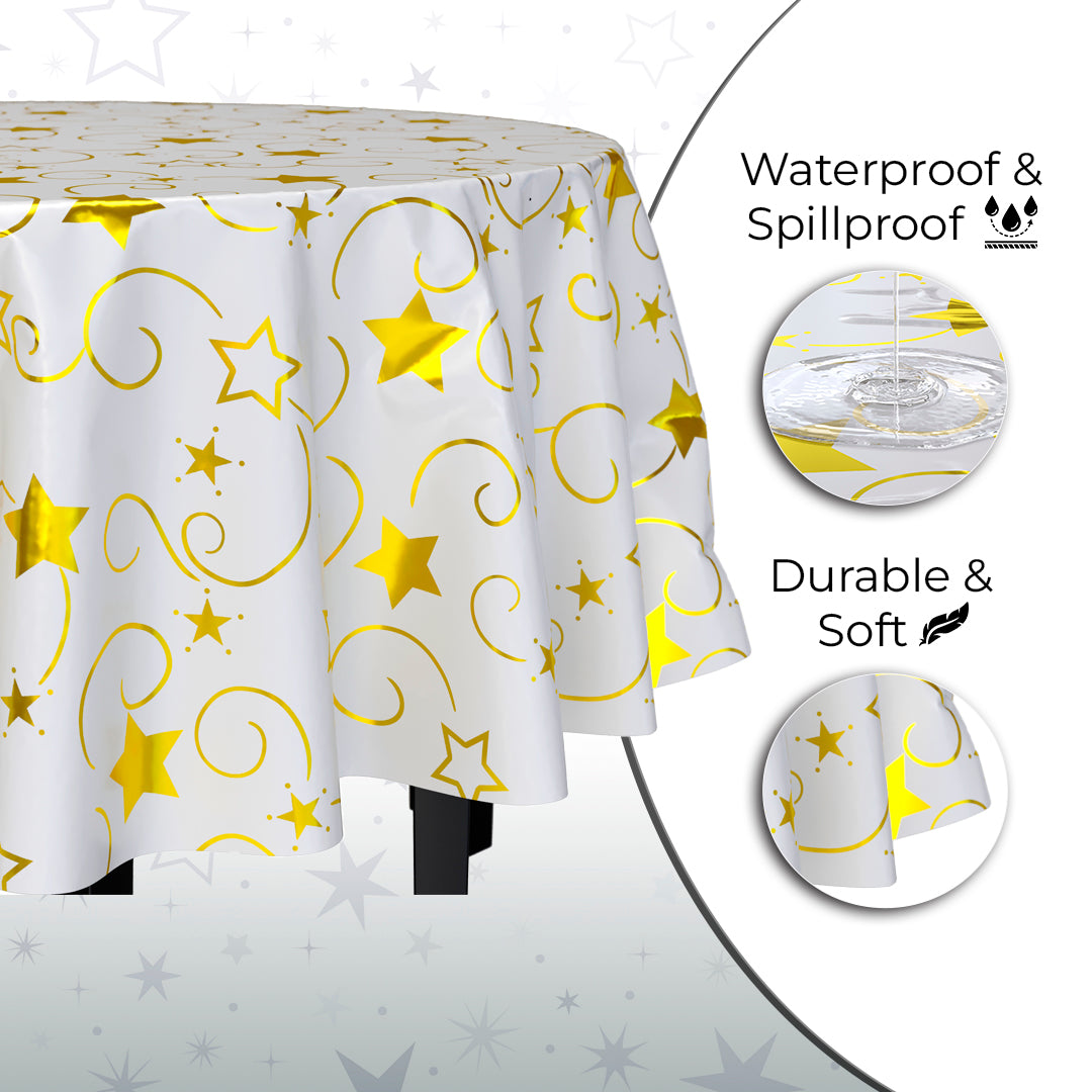 Round Gold Star Printed Plastic Table Covers | 12 Pack | 84 in.