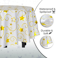 Round Gold Star Printed Plastic Table Covers | 12 Pack | 84 in.