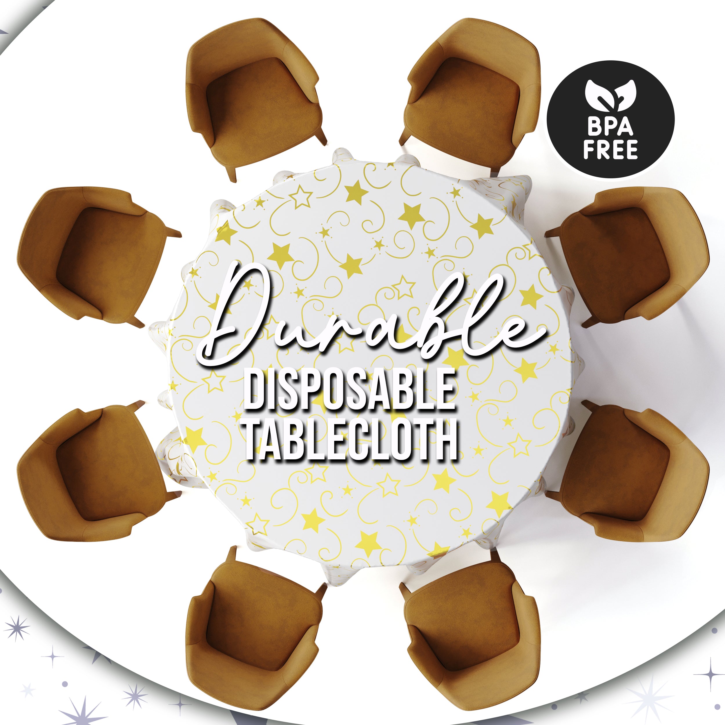 Round Gold Star Printed Plastic Table Covers | 6 Pack | 84 in.