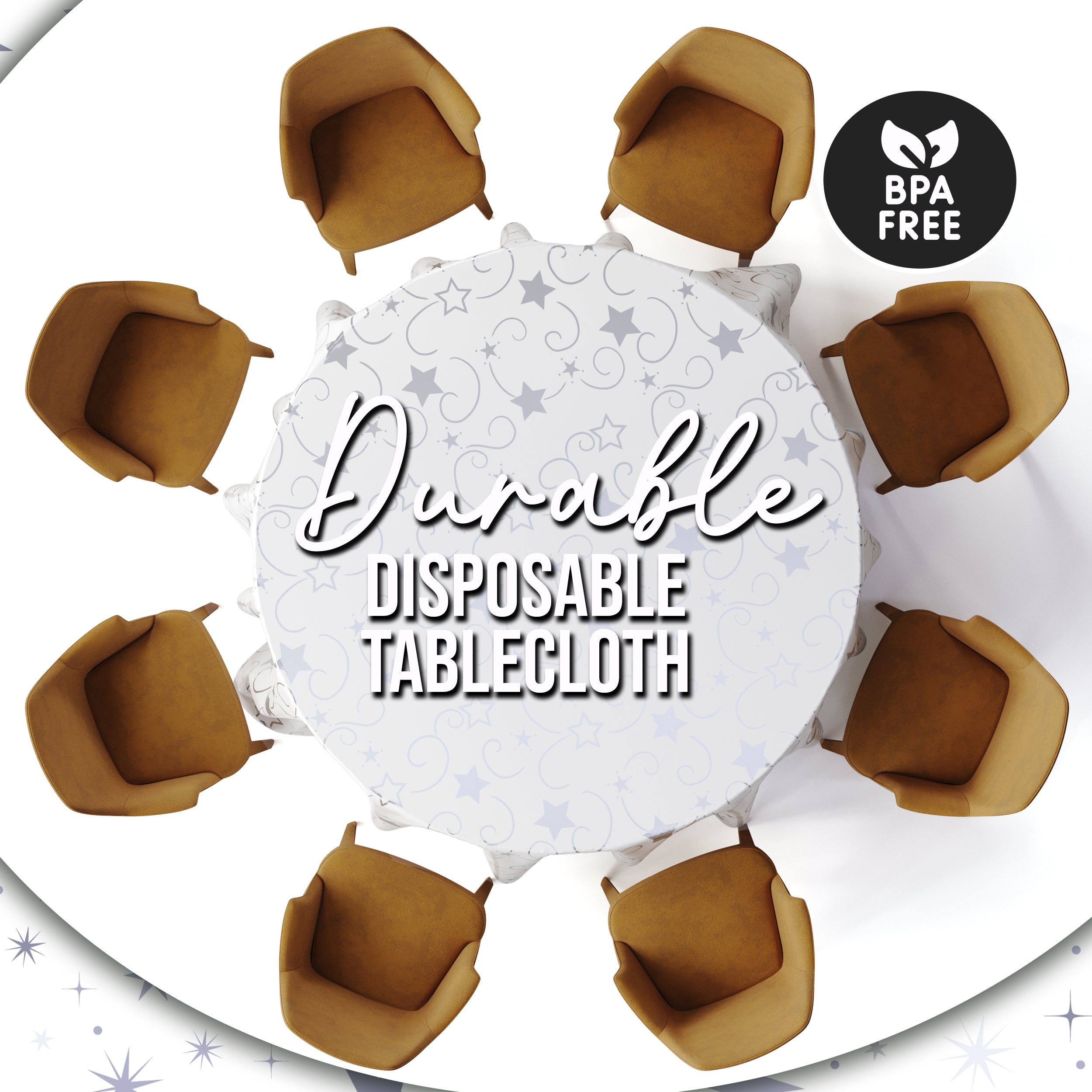Round Silver Star Printed Plastic Table Covers | 12 Pack | 84 in.
