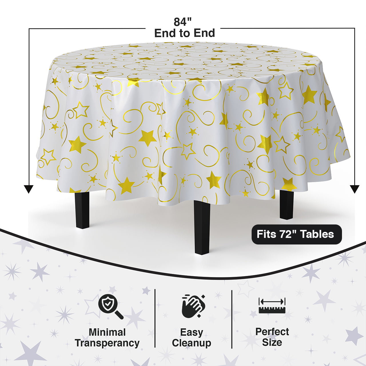 Round Gold Star Printed Plastic Table Covers | 12 Pack | 84 in.
