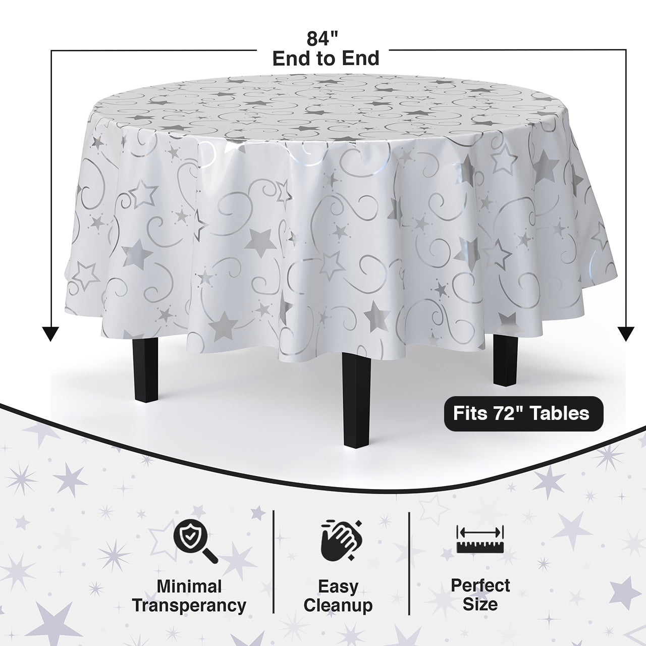 Round Silver Star Printed Plastic Table Covers | 12 Pack | 84 in.