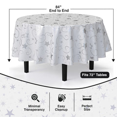 84 in. Round Silver Star Printed Plastic Table Cover