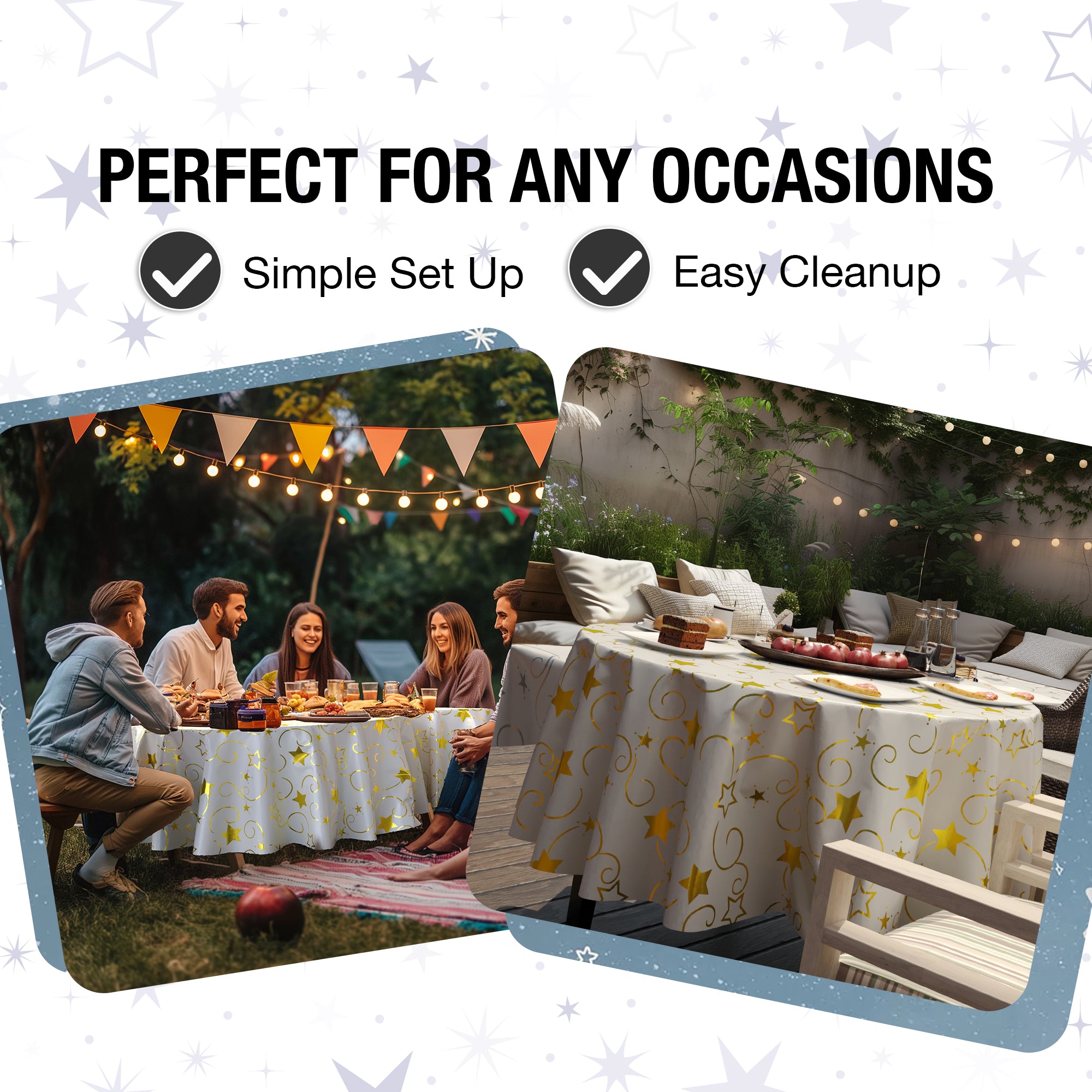 Round Gold Star Printed Plastic Table Covers | 12 Pack | 84 in.