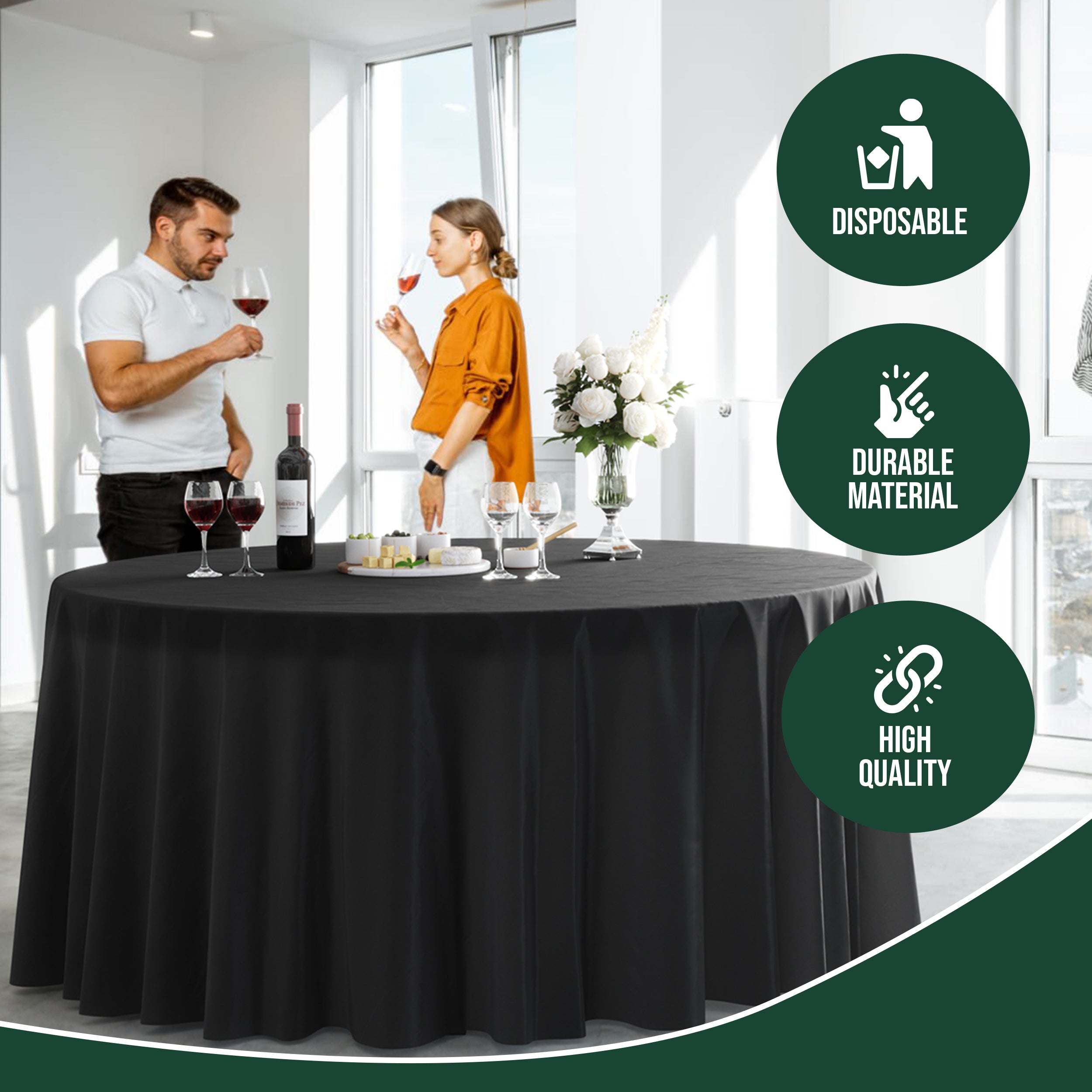 120 in. Premium Round Black Plastic Table Covers | 12 Count