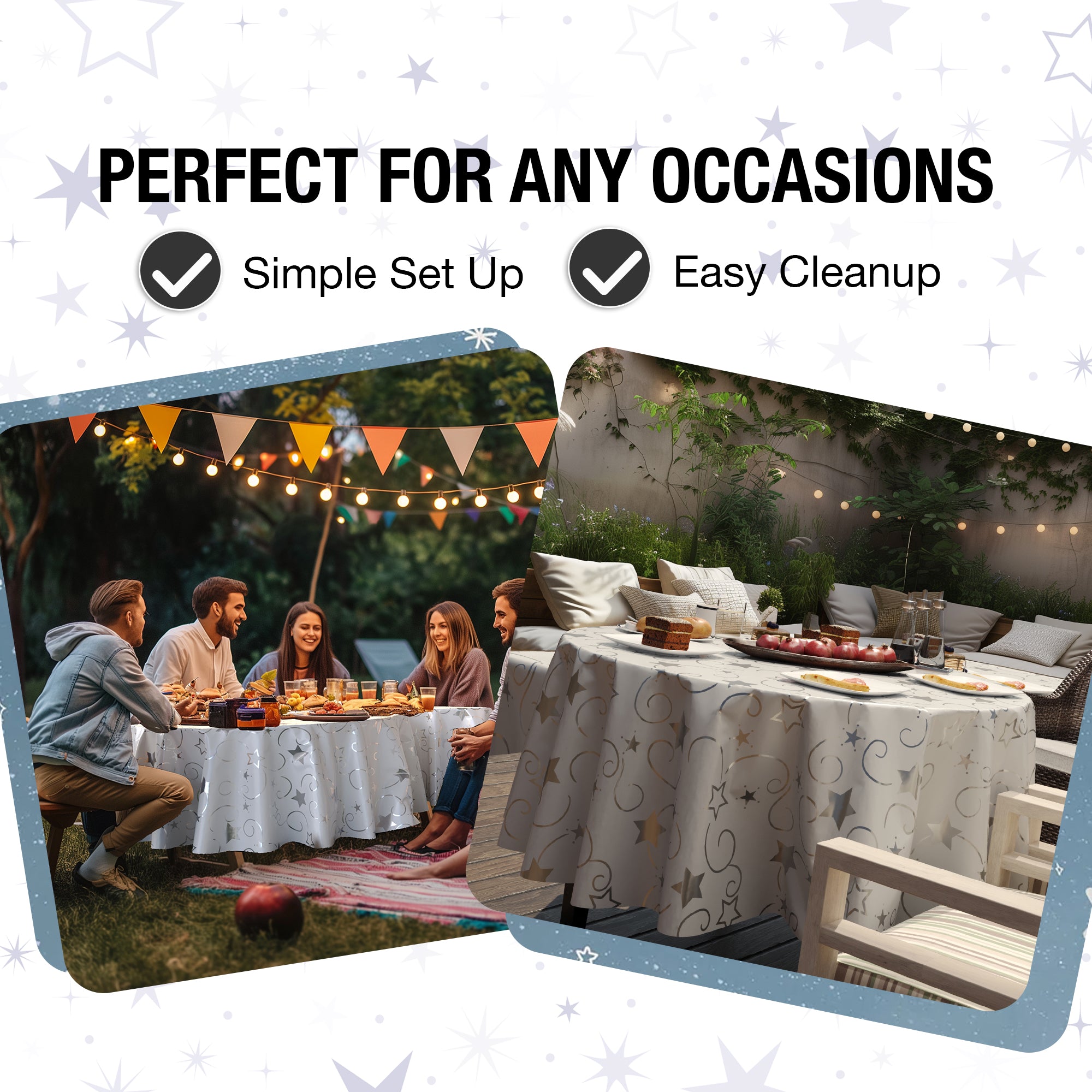 Round Silver Star Printed Plastic Table Covers | 12 Pack | 84 in.