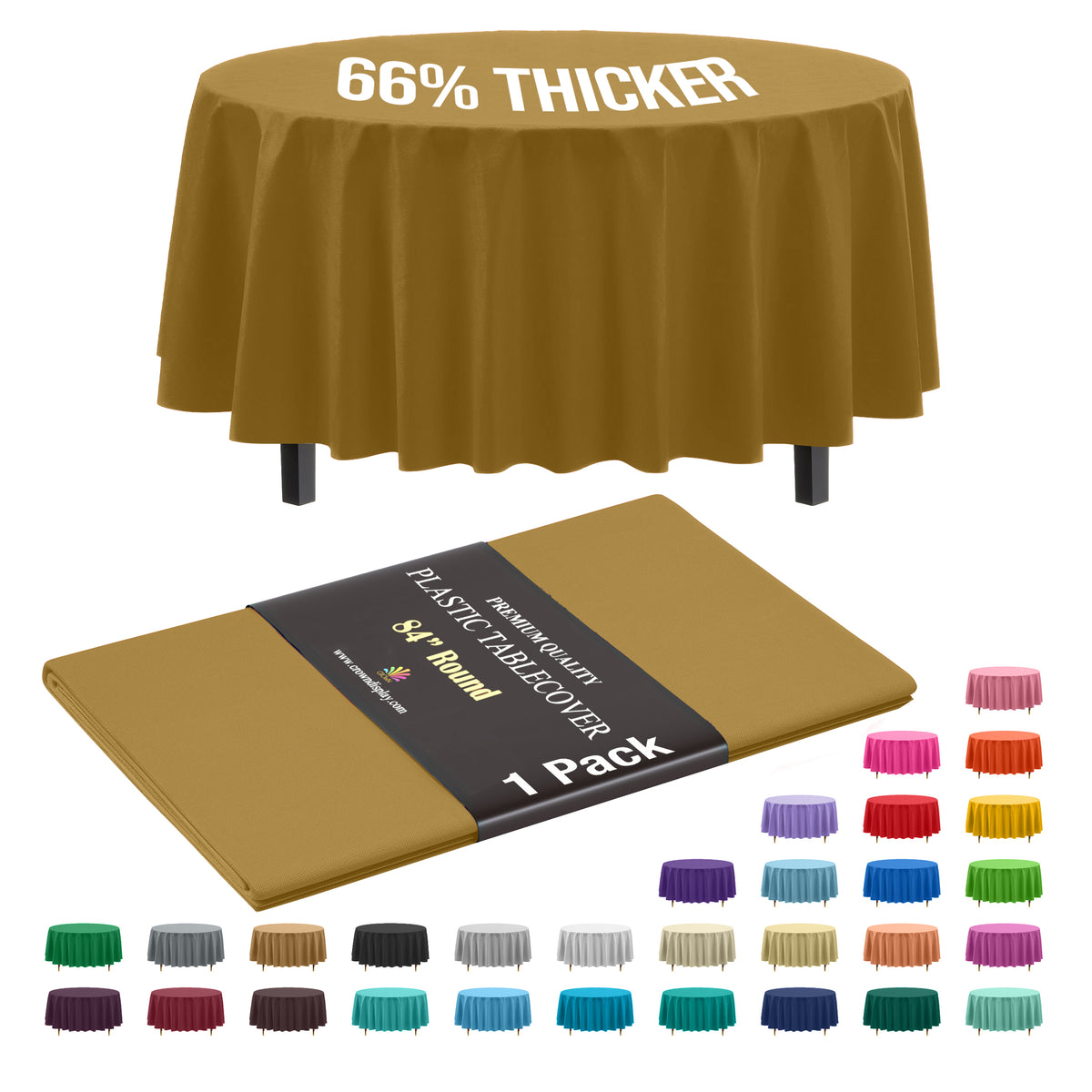 Premium Round Gold Plastic Table Cover | 84 in.