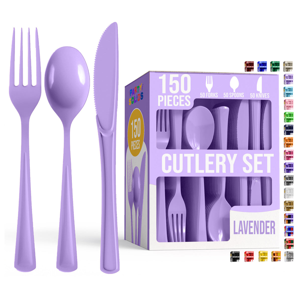 Lavender Cutlery Combo Set | 50 Forks 50 Spoons And 50 Knives | 7.5 in.