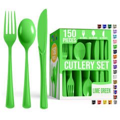 Lime Green Cutlery Combo Set | 50 Forks 50 Spoons And 50 Knives | 7.5 in.
