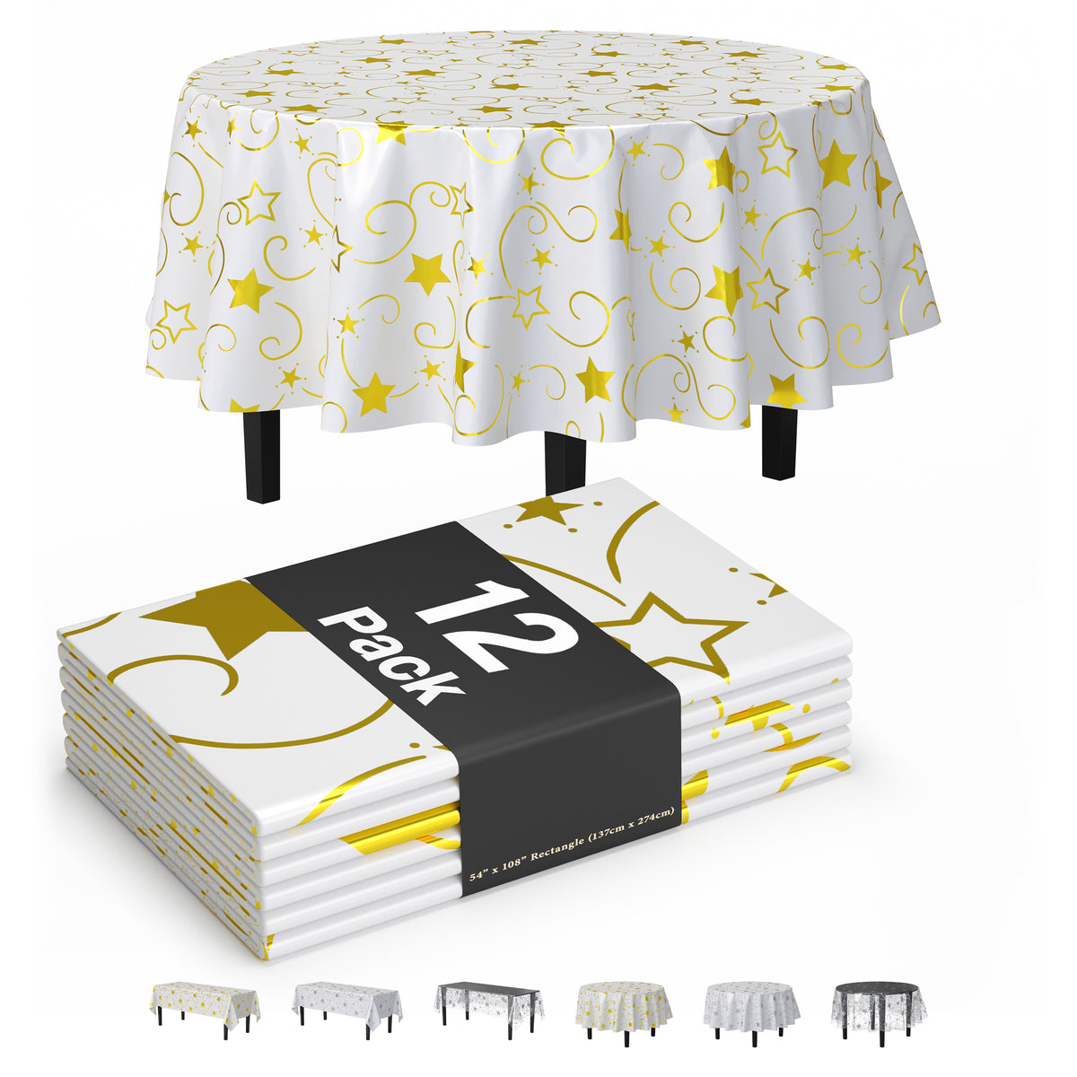 Round Gold Star Printed Plastic Table Covers | 12 Pack | 84 in.