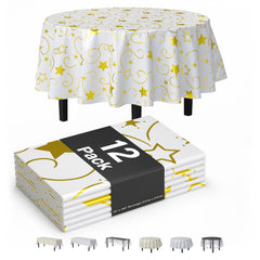 Round Gold Star Printed Plastic Table Covers | 12 Pack | 84 in.