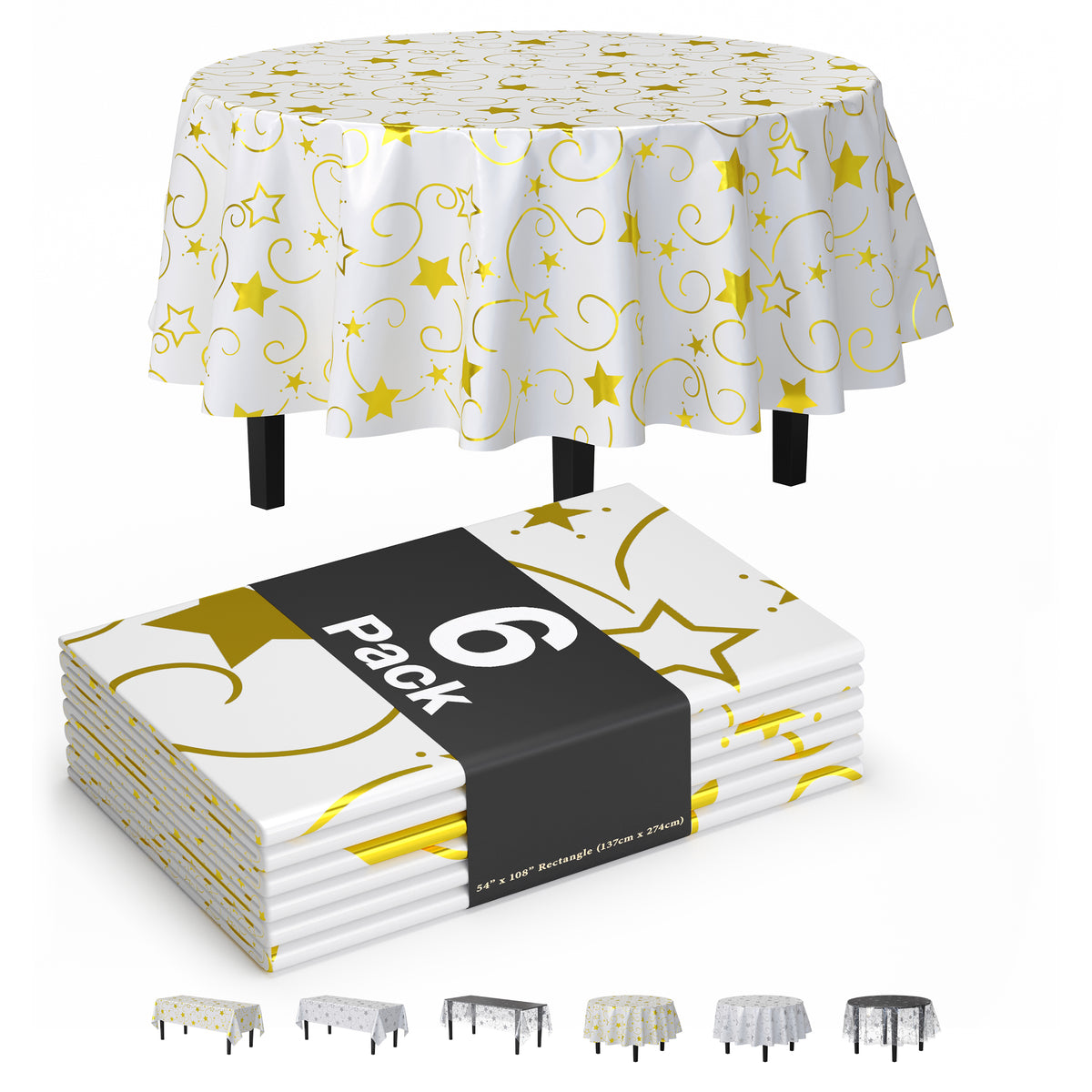 Round Gold Star Printed Plastic Table Covers | 6 Pack | 84 in.
