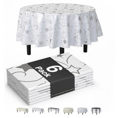 Round Silver Star Printed Plastic Table Covers | 6 Pack | 84 in.