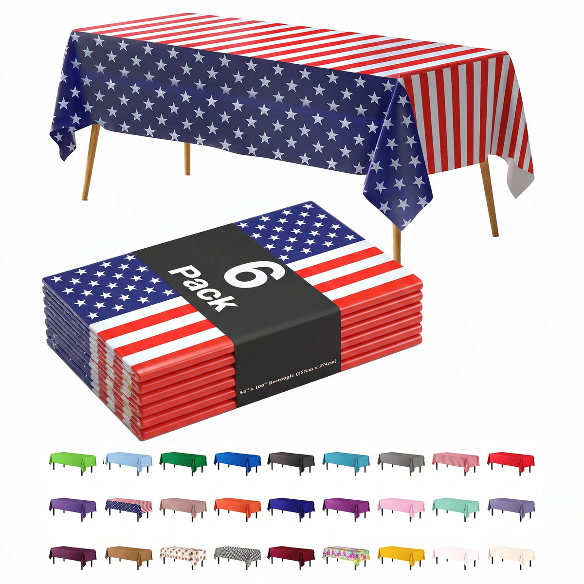 American Flag Plastic Tablecloth | 6 Pack | 54 in. x 108 in.