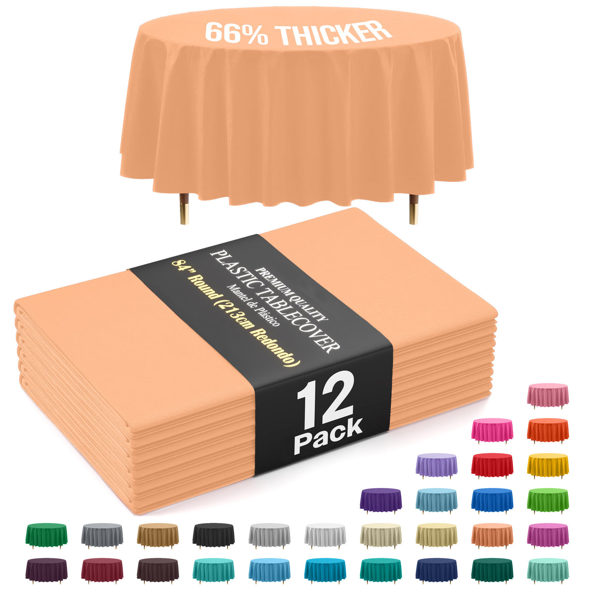 Premium Round Peach Plastic Table Covers | 12 Pack | 84 in.