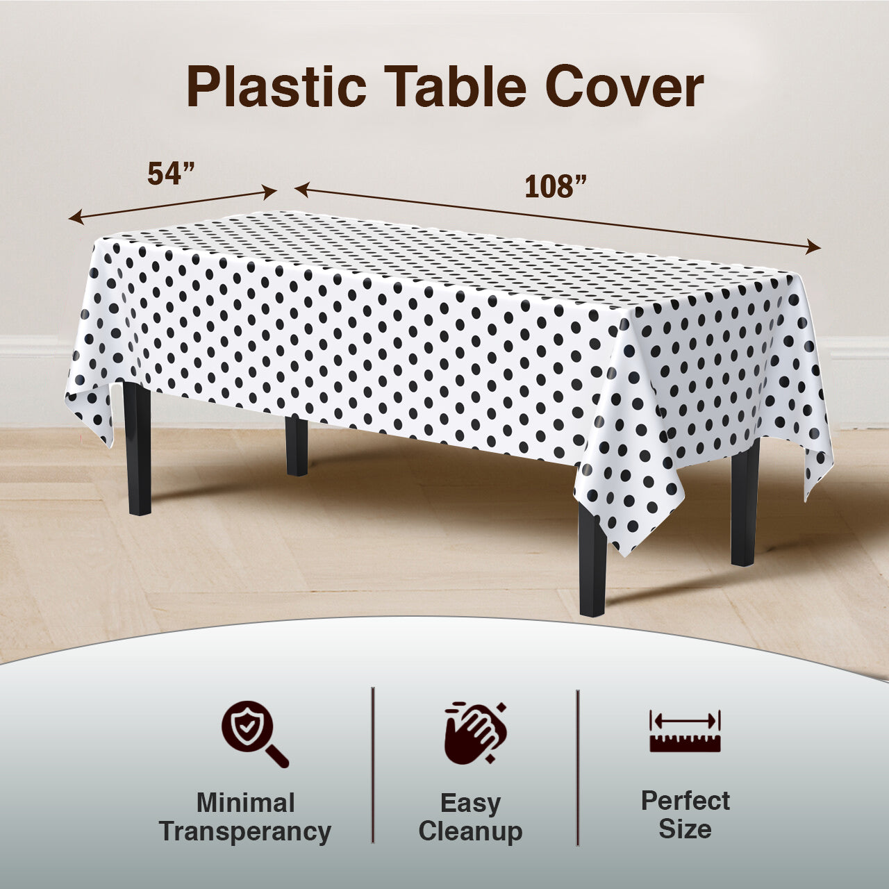 Black Polka Dot Plastic Table Cover | 54 in. x 108 in. | Case of 48
