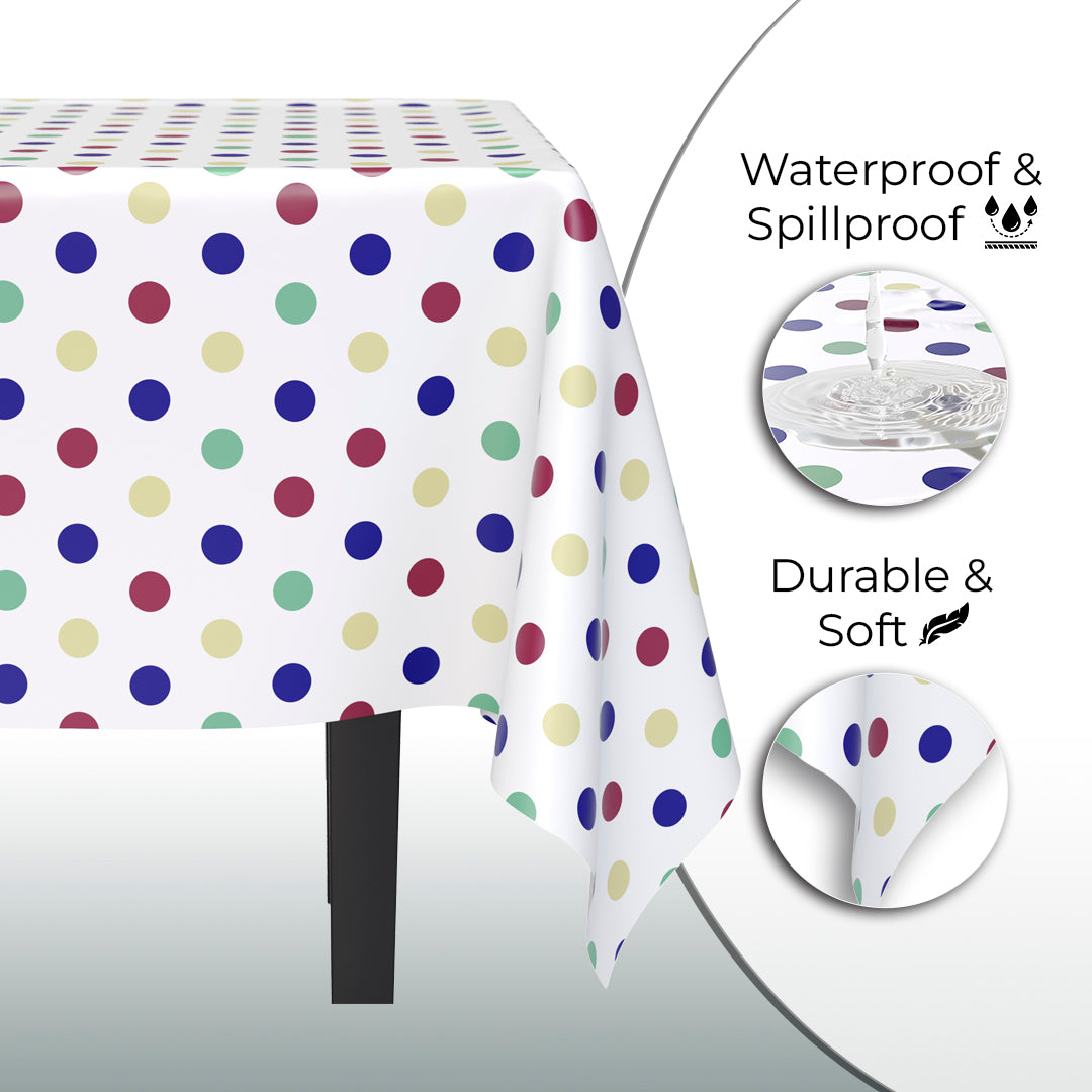 Multi Colored Polka Dot Plastic Table Cover | Case of 48 | 54 in. x 108 in.