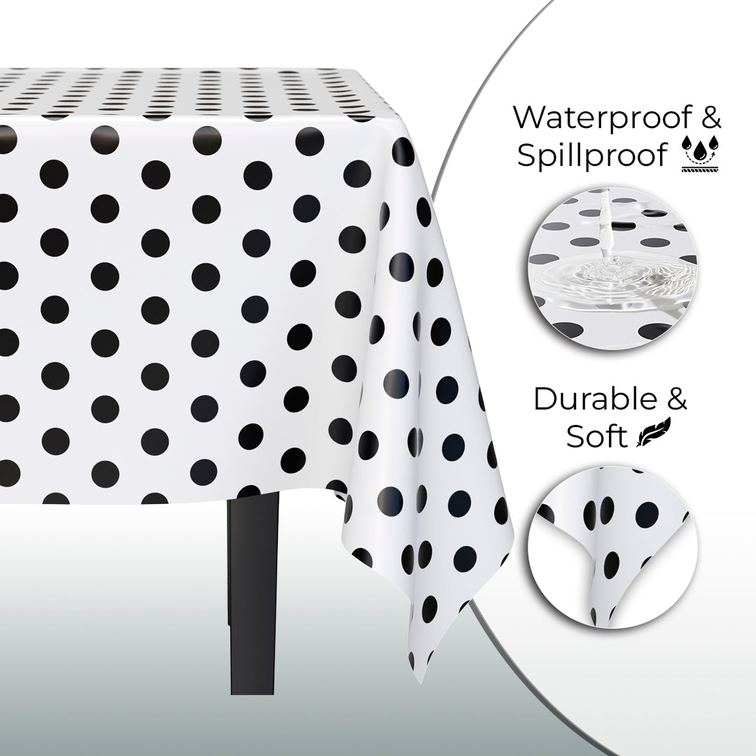 Black Polka Dot Plastic Table Cover | 54 in. x 108 in.