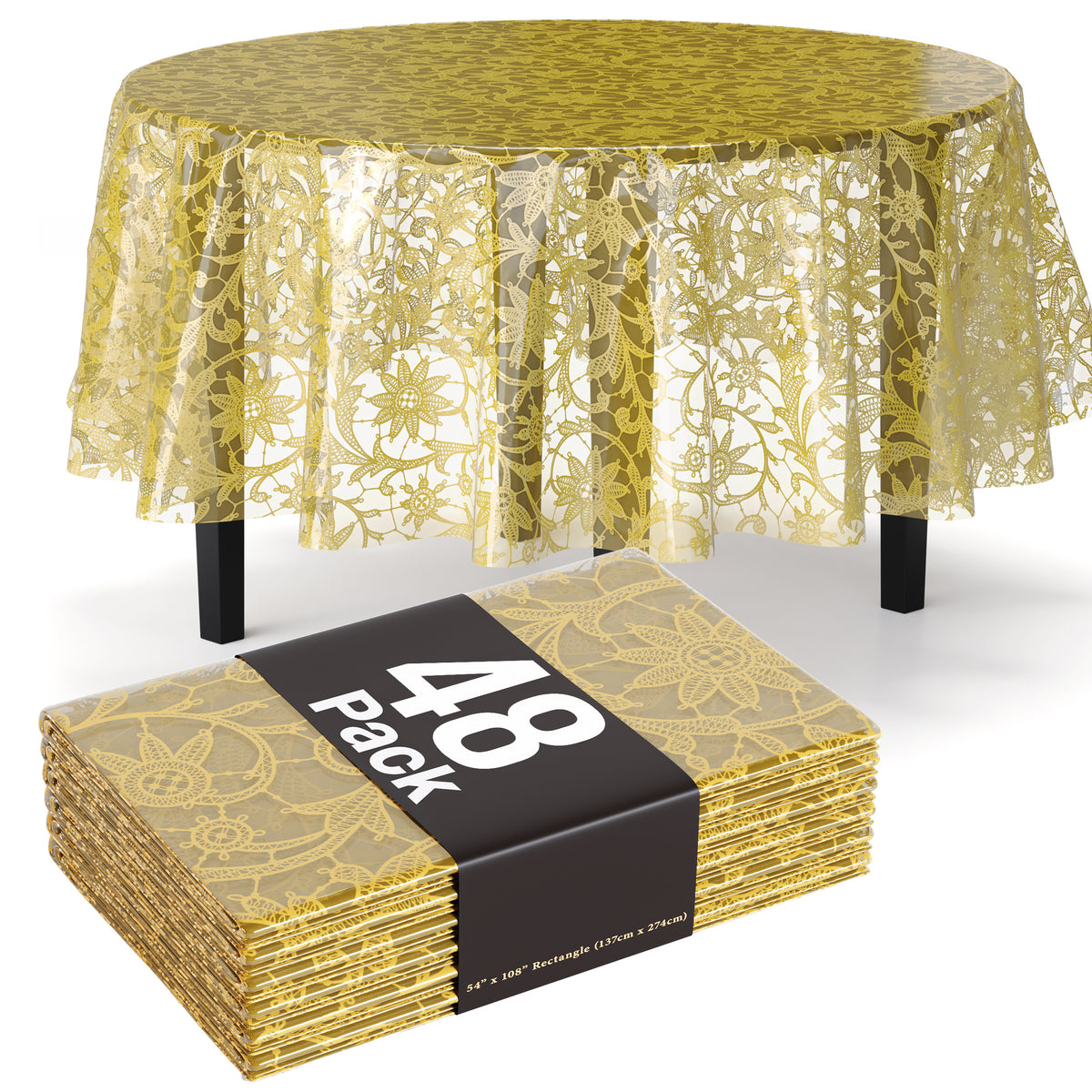 Round Gold Lace Plastic Table Cover | 84 in. | Case of 48