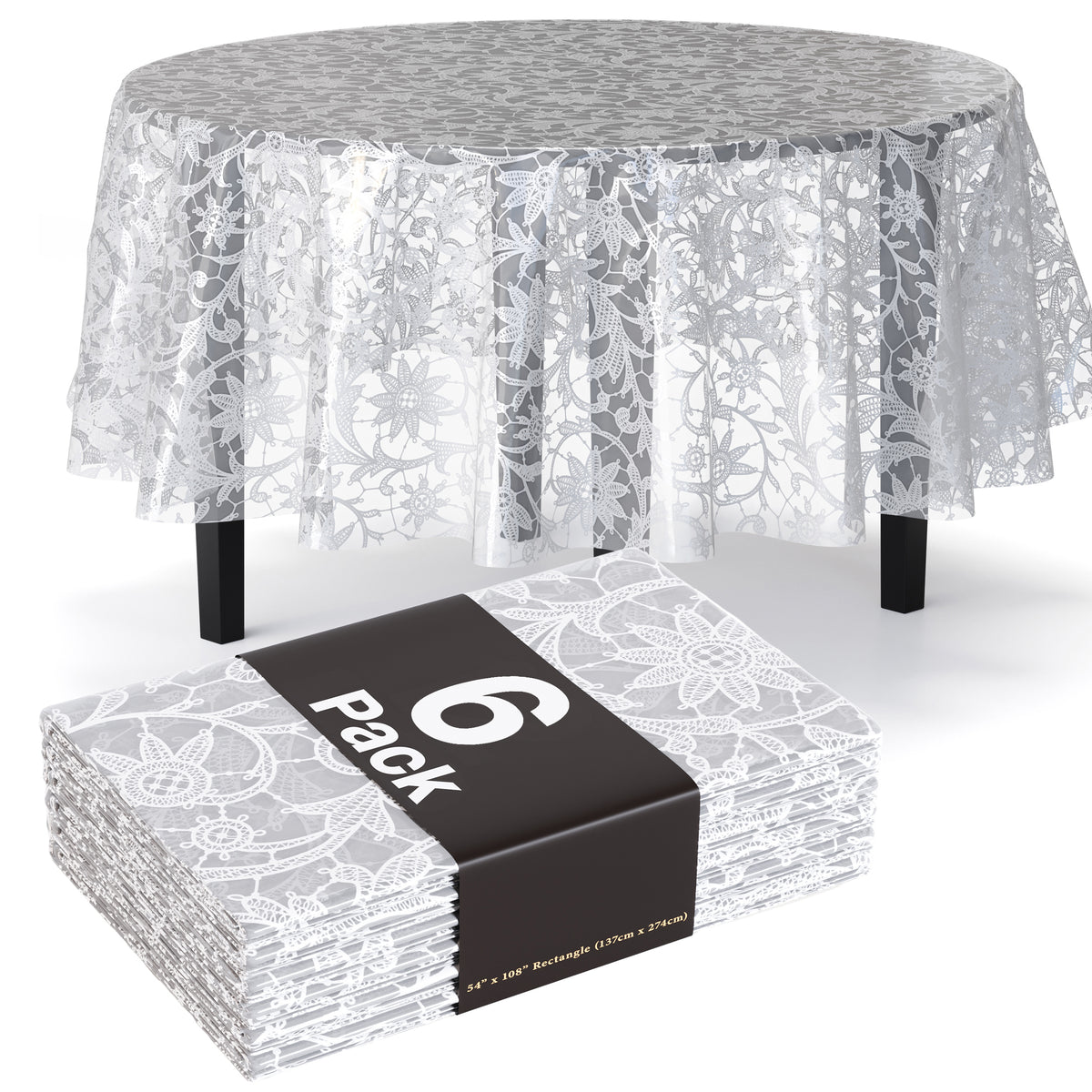 Round White Lace Plastic Table Covers | 6 Pack | 84 in.