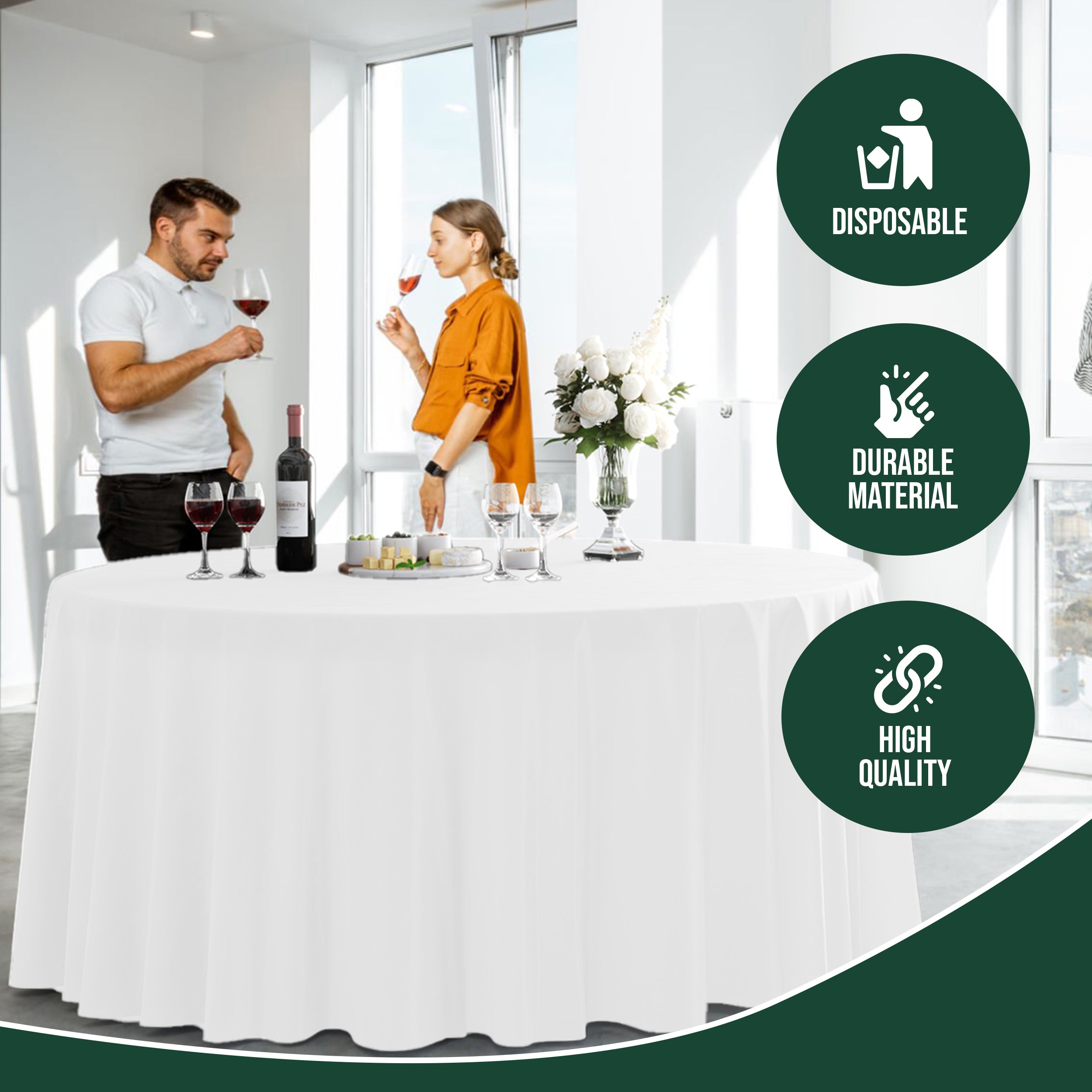 120 in. Premium Round White Plastic Table Covers | 6 Count