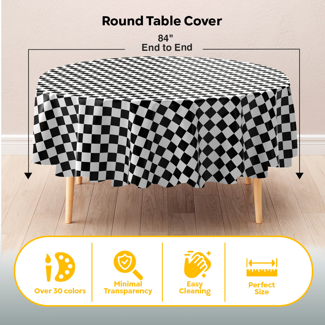 Round Black/White Checkered Plastic Table Covers | 12 Pack | 84 in.