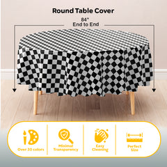 Round Black/White Checkered Plastic Table Covers | 12 Pack | 84 in.