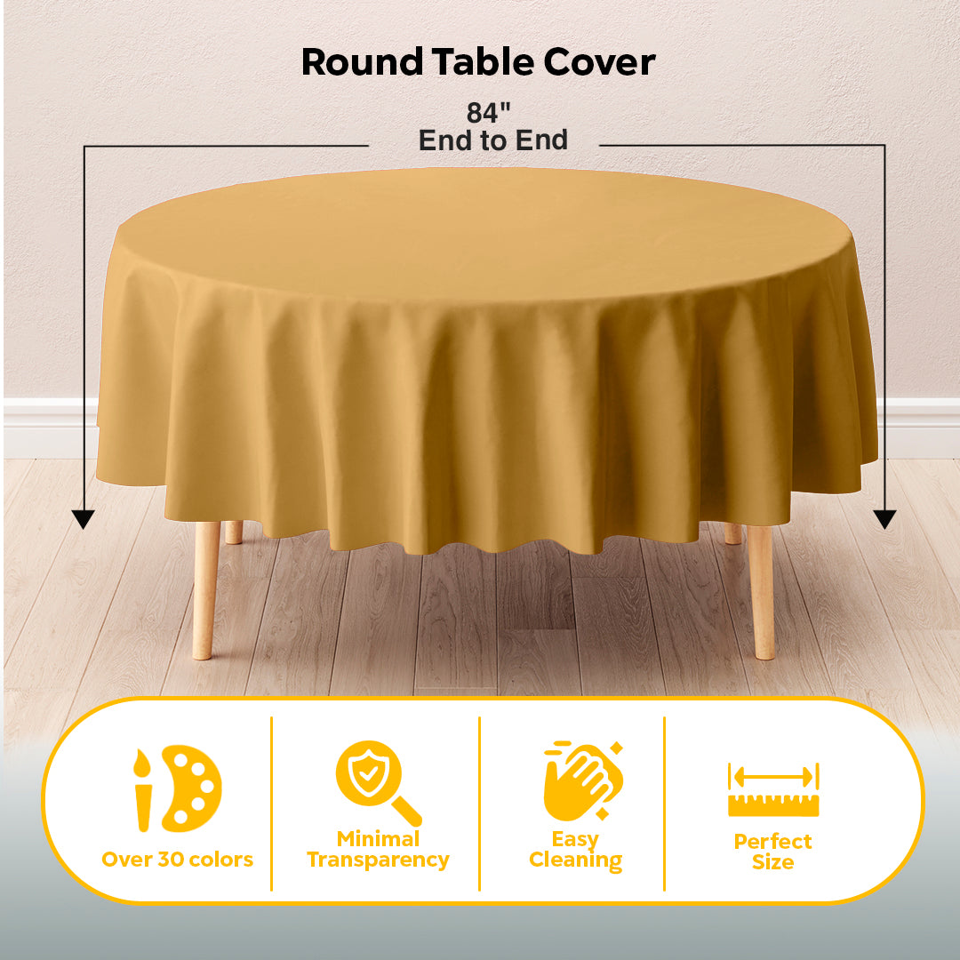 Gold Round Plastic Table Cover | 84 in. | Case of 48