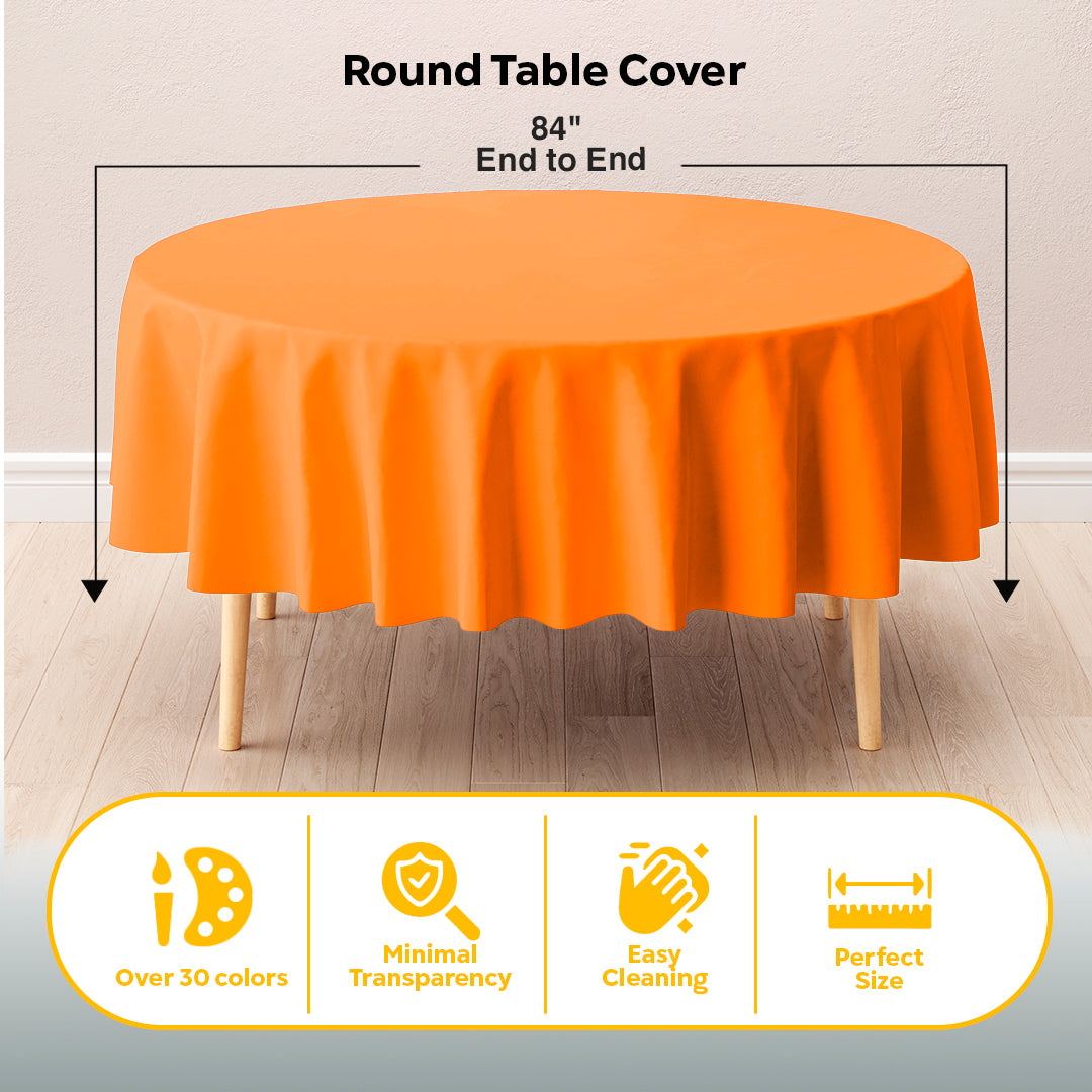 Round Orange Plastic Table Covers | 12 Pack | 84 in.