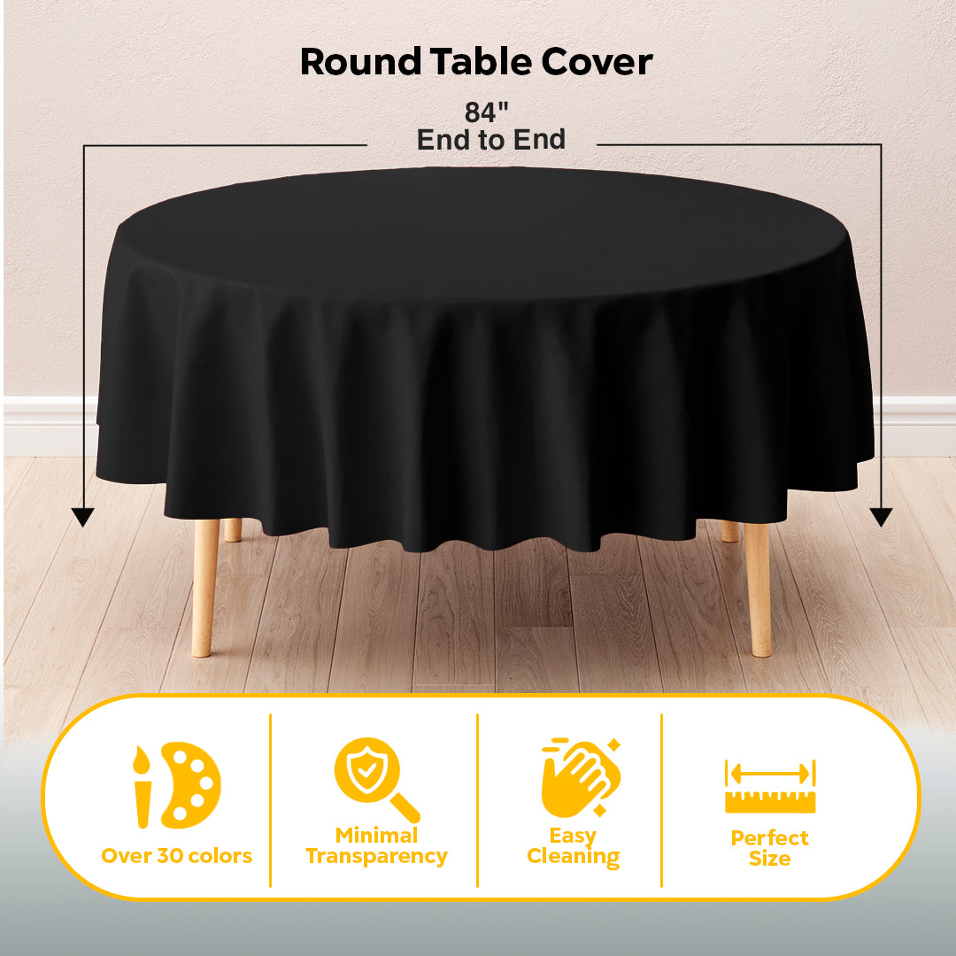 Black Round Plastic Table Cover | 84 in. | Case of 48