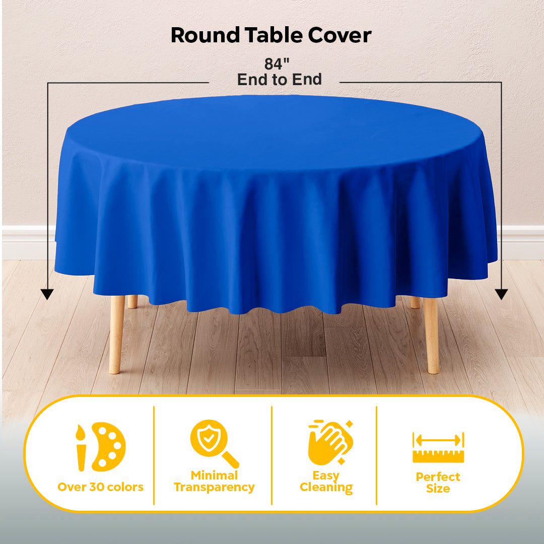 Dark Blue Round Plastic Table Cover | 84 in. | Case of 48