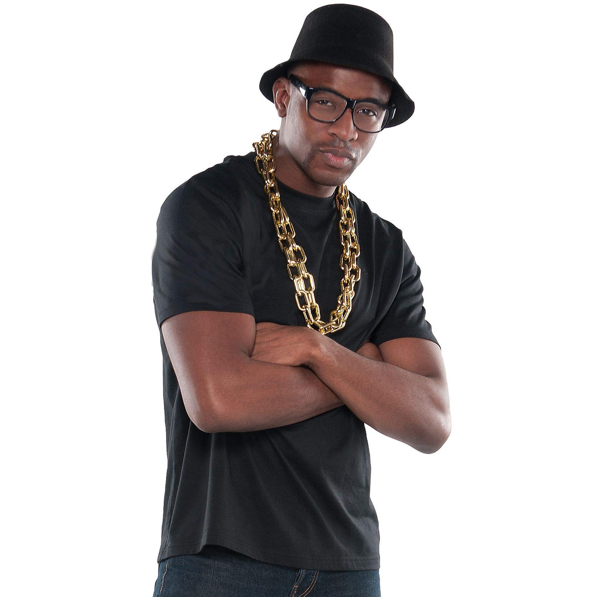1980s Old School Rapper Costume Kit with Hat, Glasses & Chain - One Size (72" long)