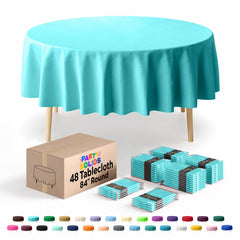 Round Aqua Blue Plastic Table Cover | 84 in. | Case of 48