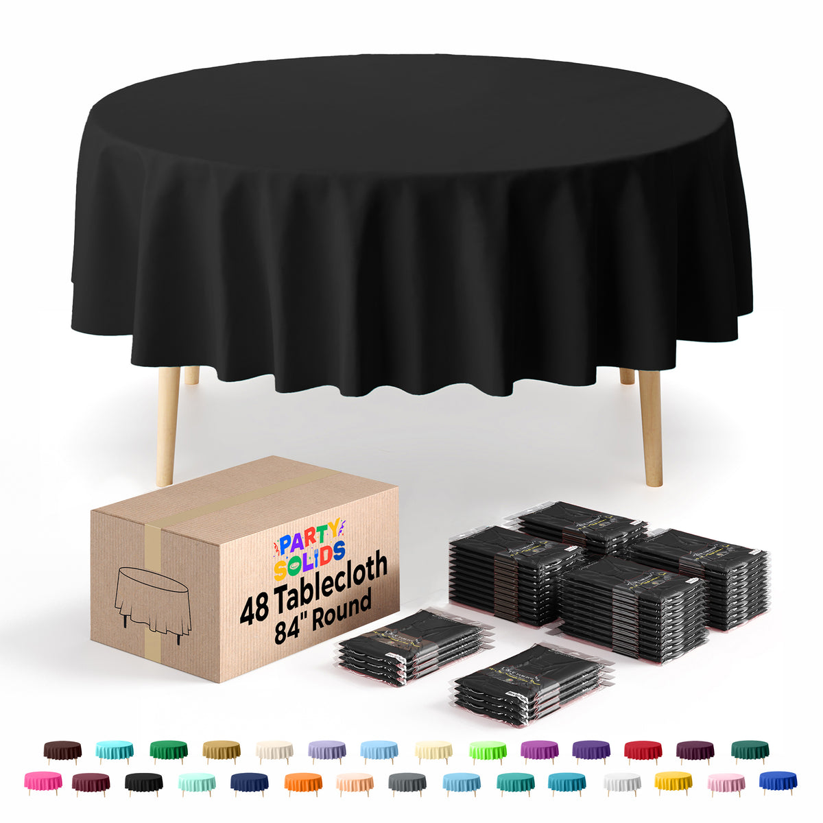 Black Round Plastic Table Cover | 84 in. | Case of 48