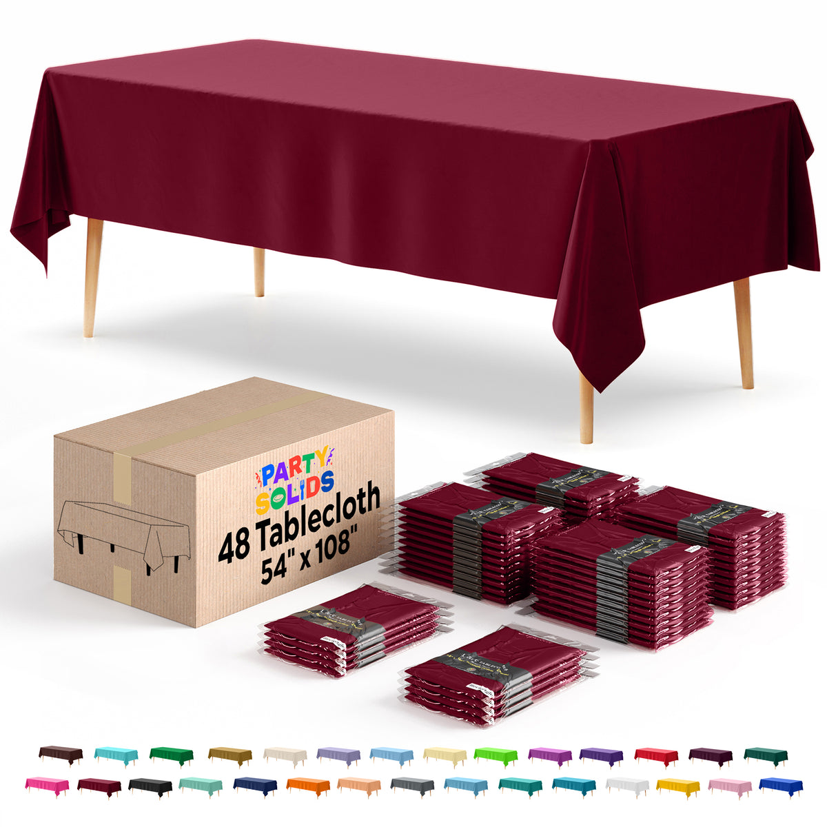 Burgundy Plastic Table Cover | 54 in. x 108 in. | Case of 48
