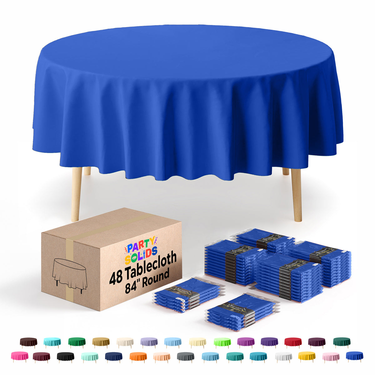 Dark Blue Round Plastic Table Cover | 84 in. | Case of 48