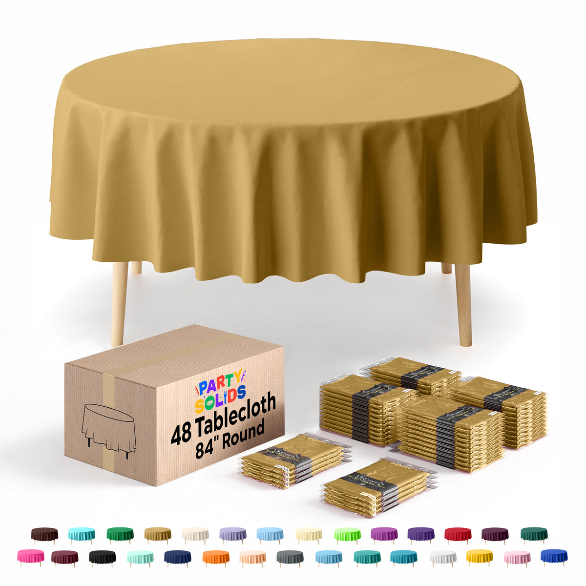 Gold Round Plastic Table Cover | 84 in. | Case of 48
