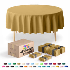 Gold Round Plastic Table Cover | 84 in. | Case of 48