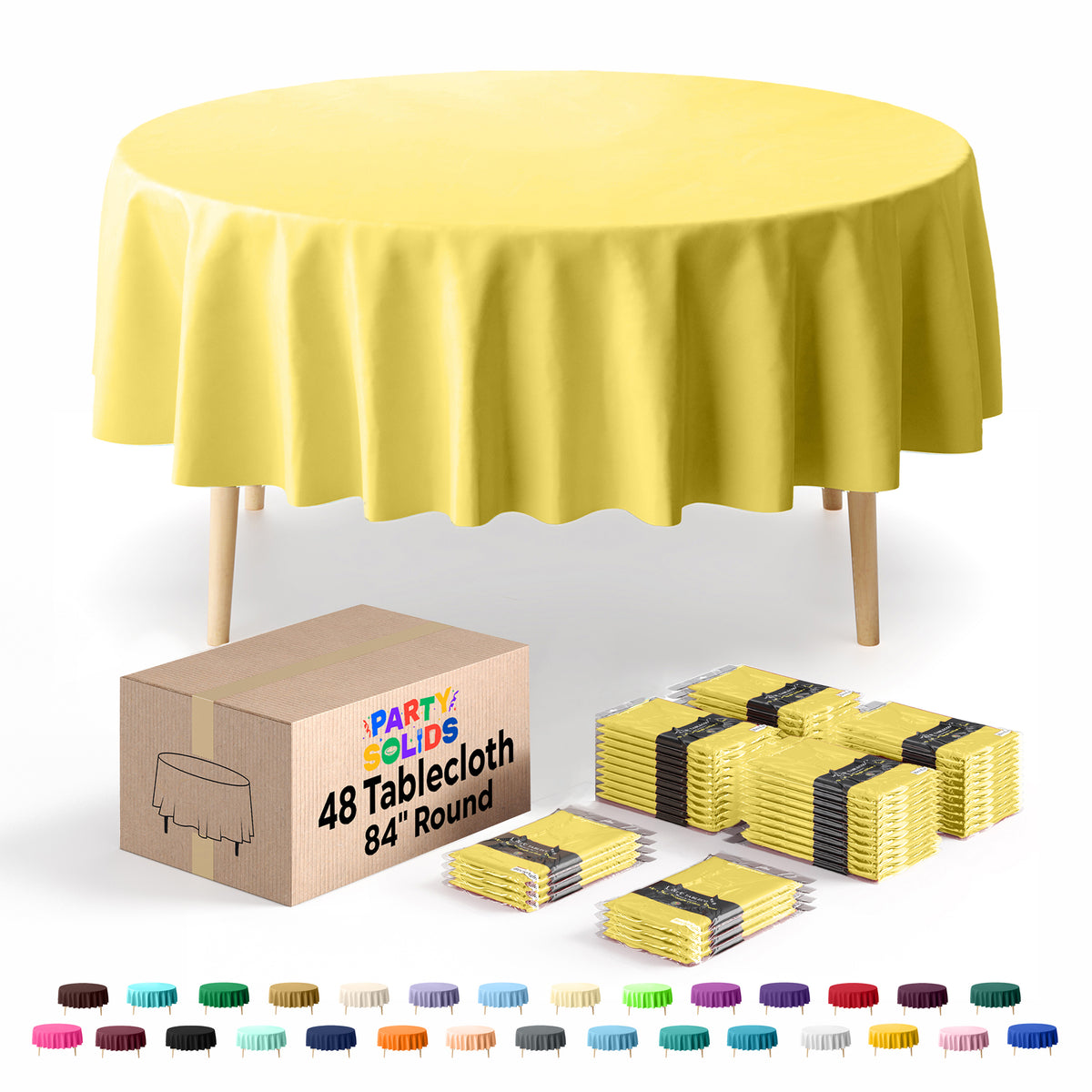 Round Light Yellow Plastic Table Cover | 84 in. | Case of 48