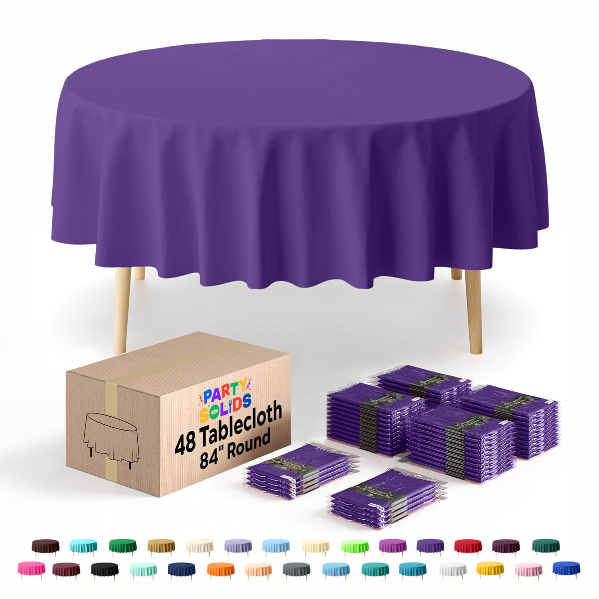 Round Purple Plastic Table Cover | 84 in. | Case of 48