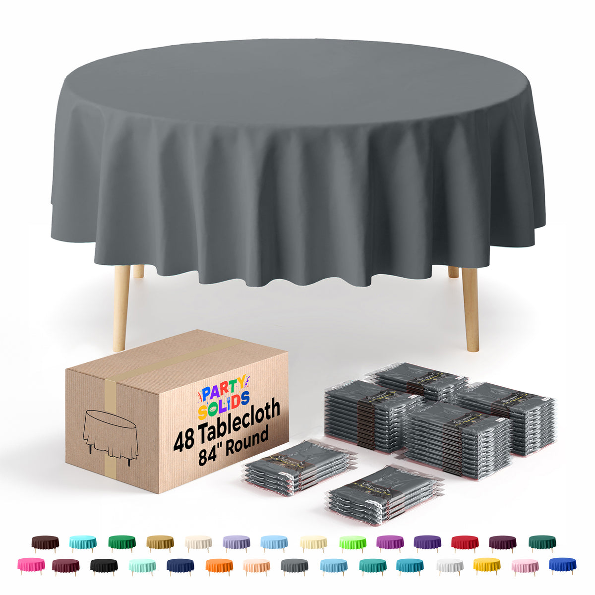 Round Silver Plastic Table Cover | 84 in. | Case of 48