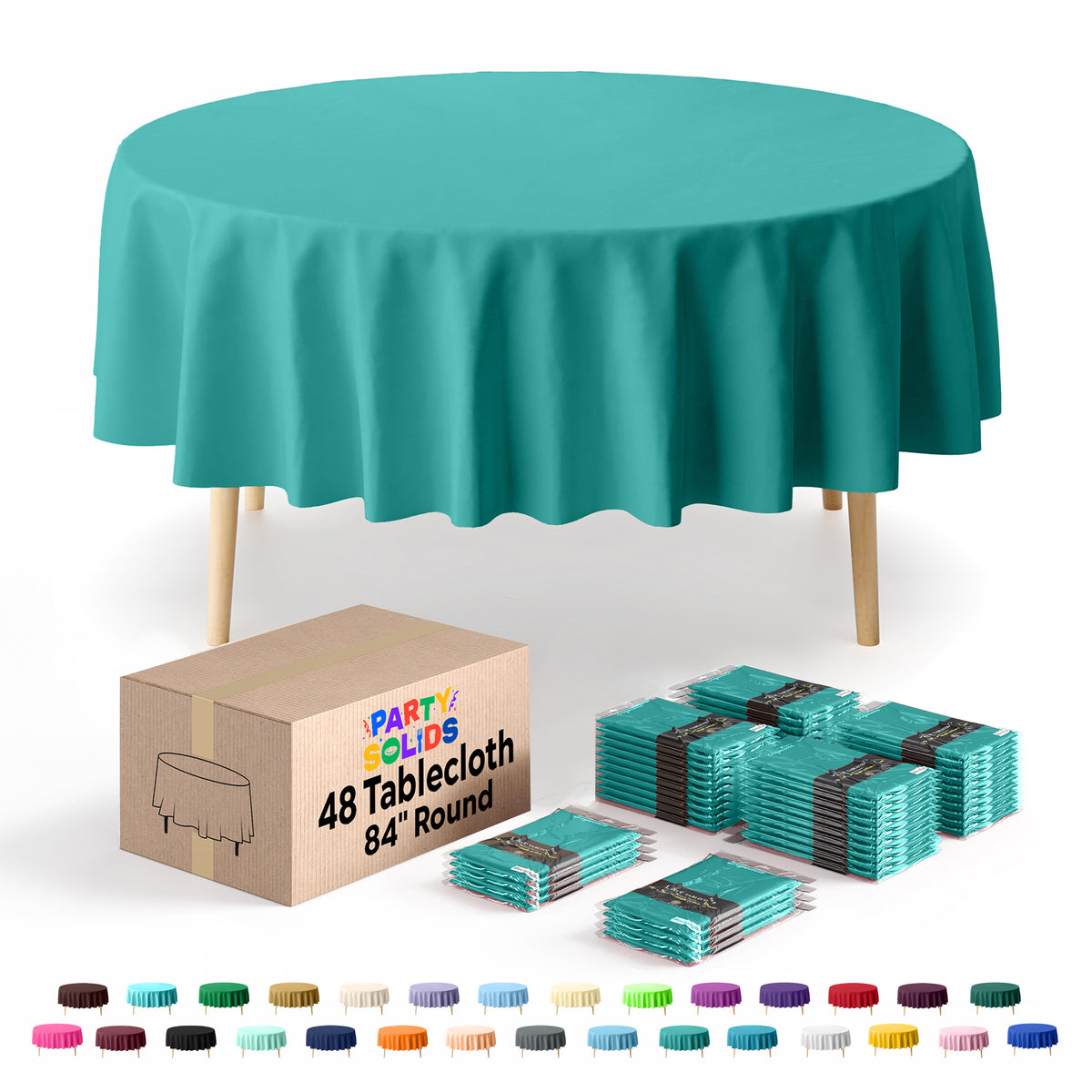 Round Teal Plastic Table Cover | 84 in. | Case of 48