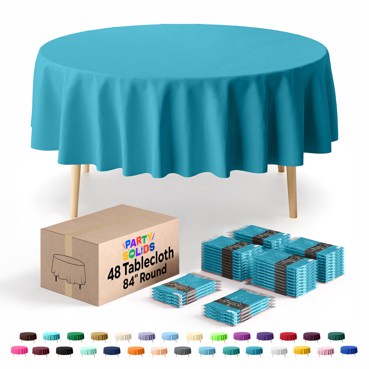 Round Turquoise Plastic Table Cover | 84 in. | Case of 48